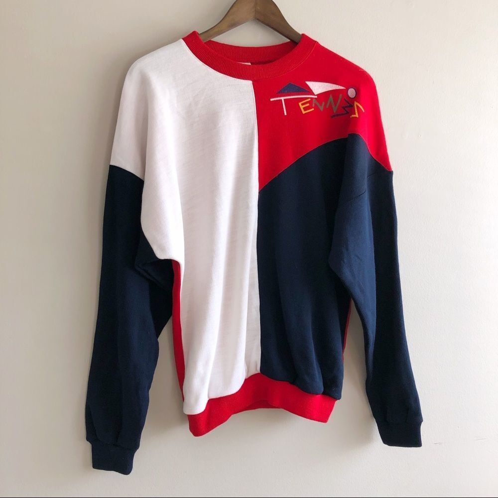 Peter Vintage 80s Tennis Colour Block Long Sleeve Pullover Sweater Top Red